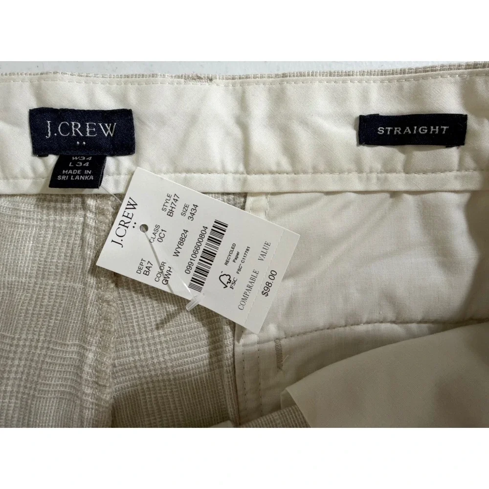J Crew Factory Straight Fit Pants 34x34 Beige Glen Plaid Linen Cotton Blend NWT